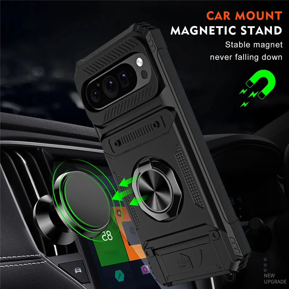 For Google Pixel 9 Pro XL Case 2024 Armor Card Slot Back Cover Compatible With Magsafe Ring Kickstand Protection Magnetic Coque Pinnacle Luxuries