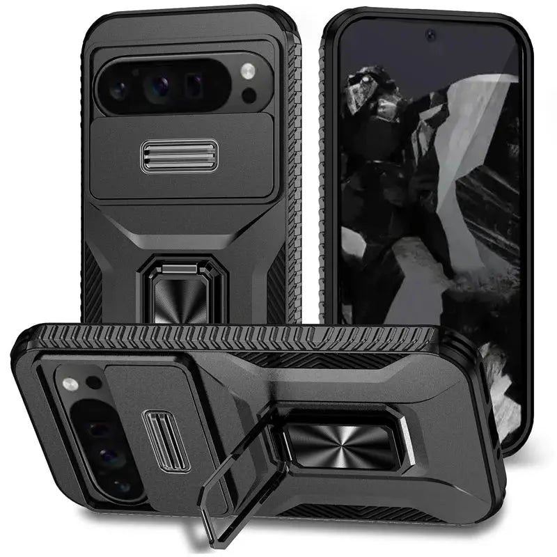 FortiGuard Military Grade Ring Holder Case for Google Pixel 9 Pro XL - Heavy Duty Protection with Camera Lens Slide Cover