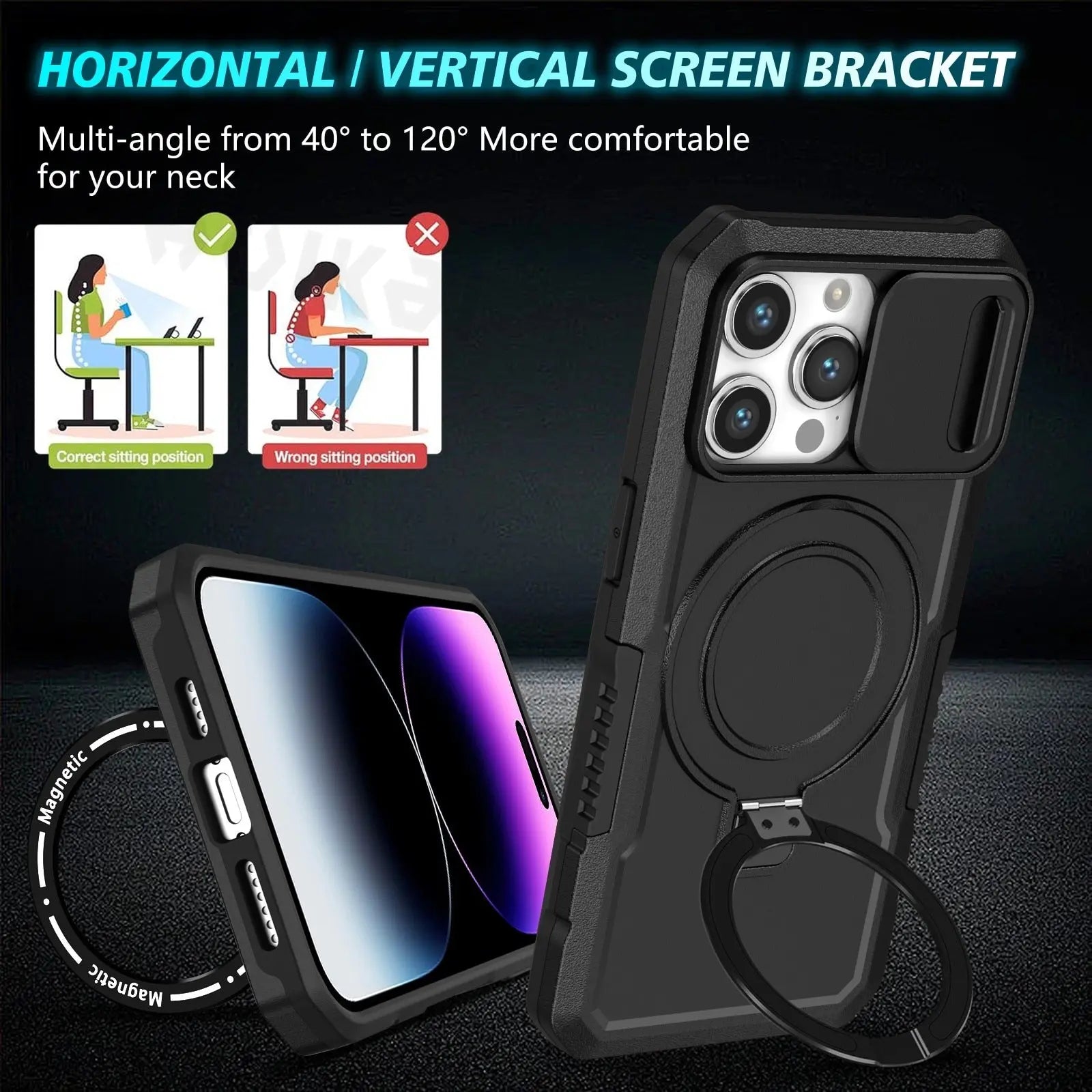 Case For iPhone 15 Pro Max 14 Pro 13 Pro 12 11 Magnetic Slide Camera Heavy Duty Shock Absorption Body Protective Kickstand Cover Pinnacle Luxuries