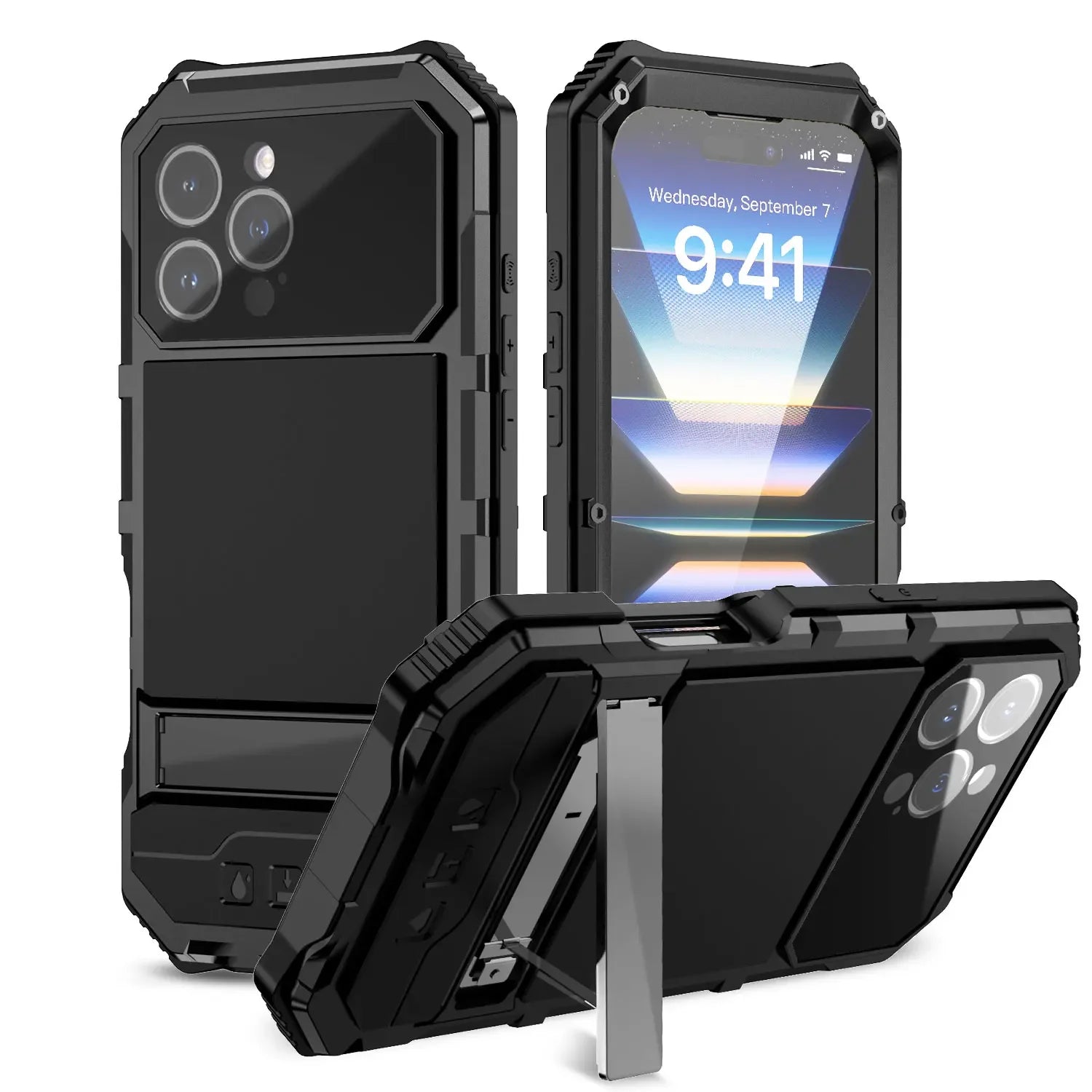 Ultimate ArmorPro Aluminum Shockproof Case with Kickstand for iPhone 15 & 16 Pro Max – Heavy-Duty 360° Protection + Screen Guard