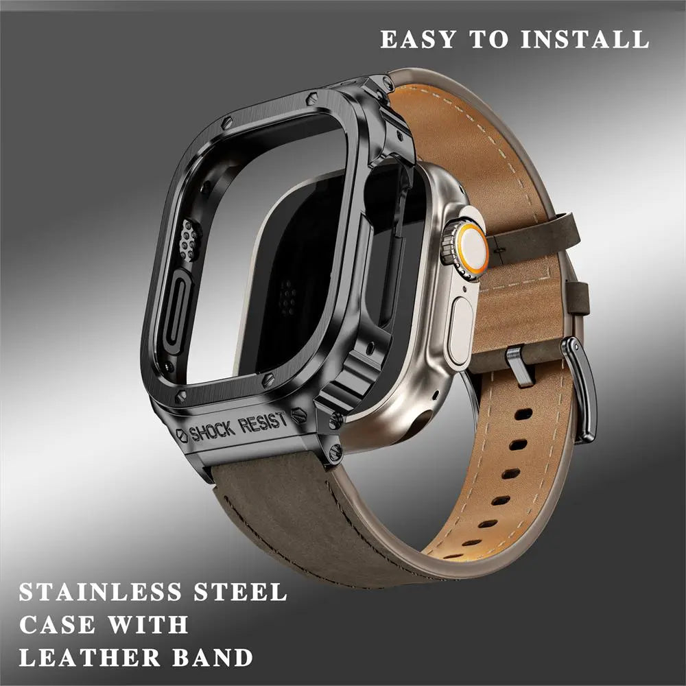 LuxeSteel Case and Premium Leather Band for Apple Watch - Pinnacle Luxuries