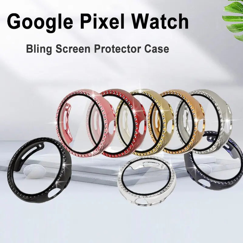 Diamond Case+Glass for Google Pixel Watch Strap PC Bumper Screen Protector Full Bling Cover for Google Pixel Watch Accessories - Pinnacle Luxuries