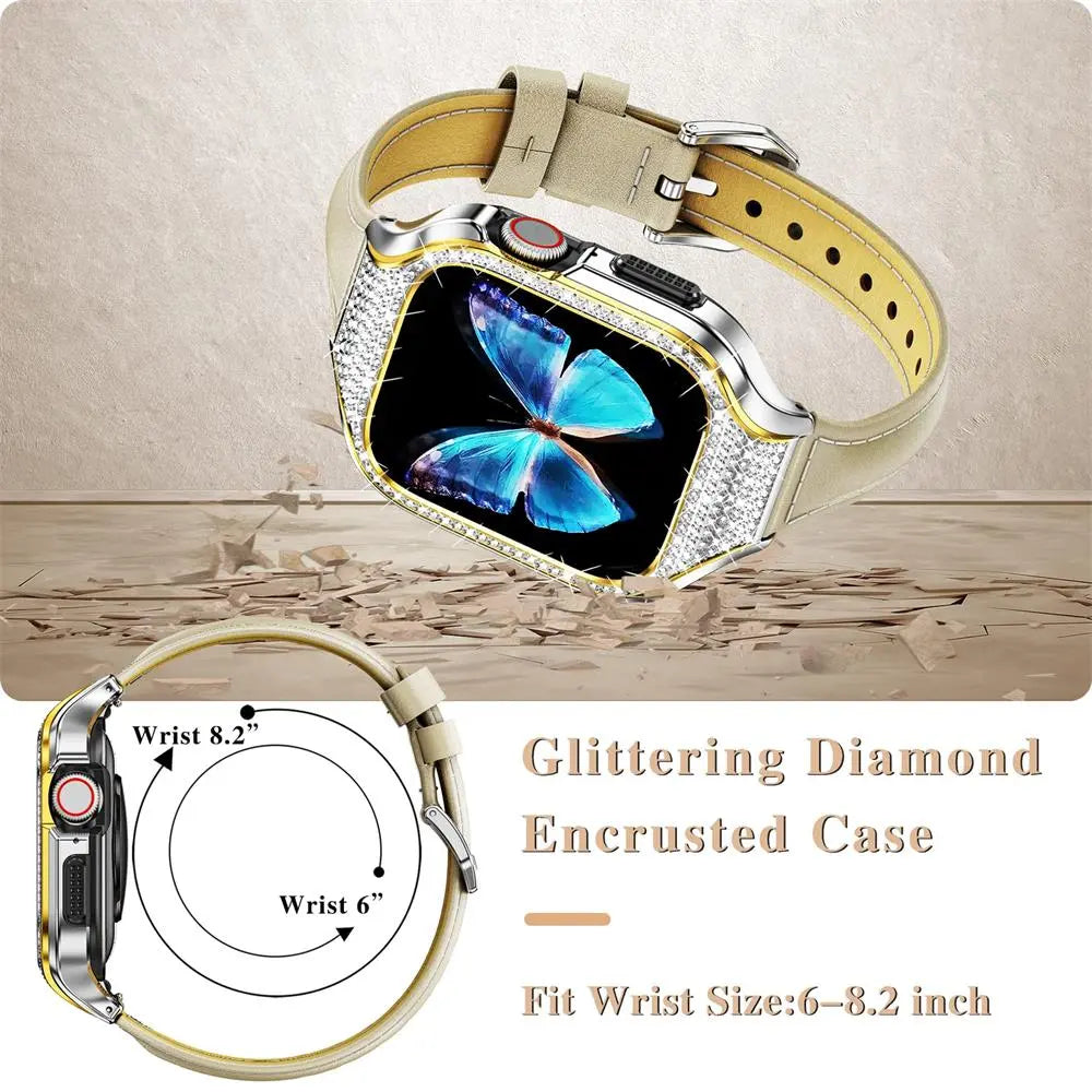 Diamond Luxe Steel Case and Leather Band for Apple Watch - Pinnacle Luxuries